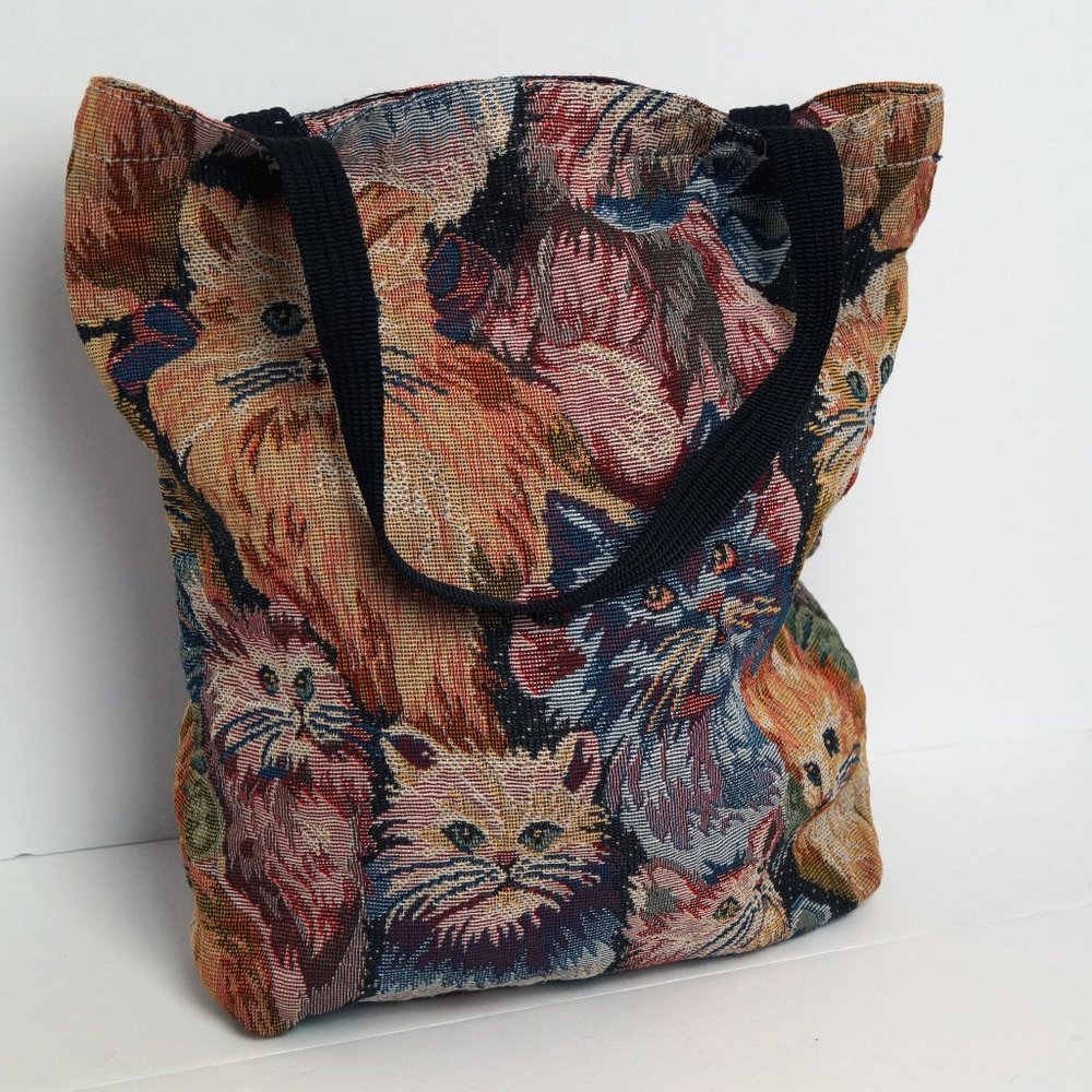 Vintage 1980s Tapestry Funky Cat Tote Bag